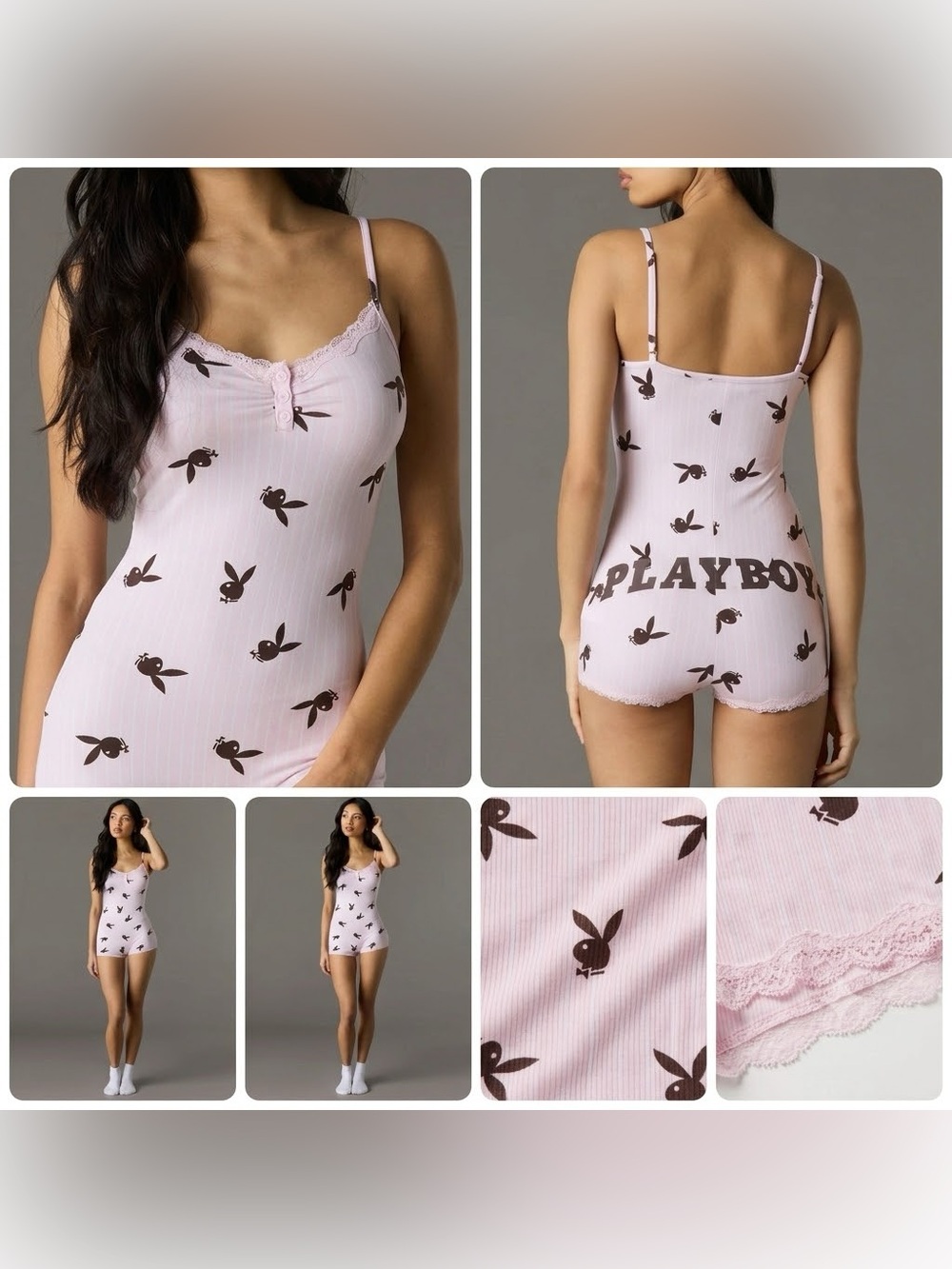 PLAYBOY Pink Bunny-Print Lace-Trim Sleep Romper
